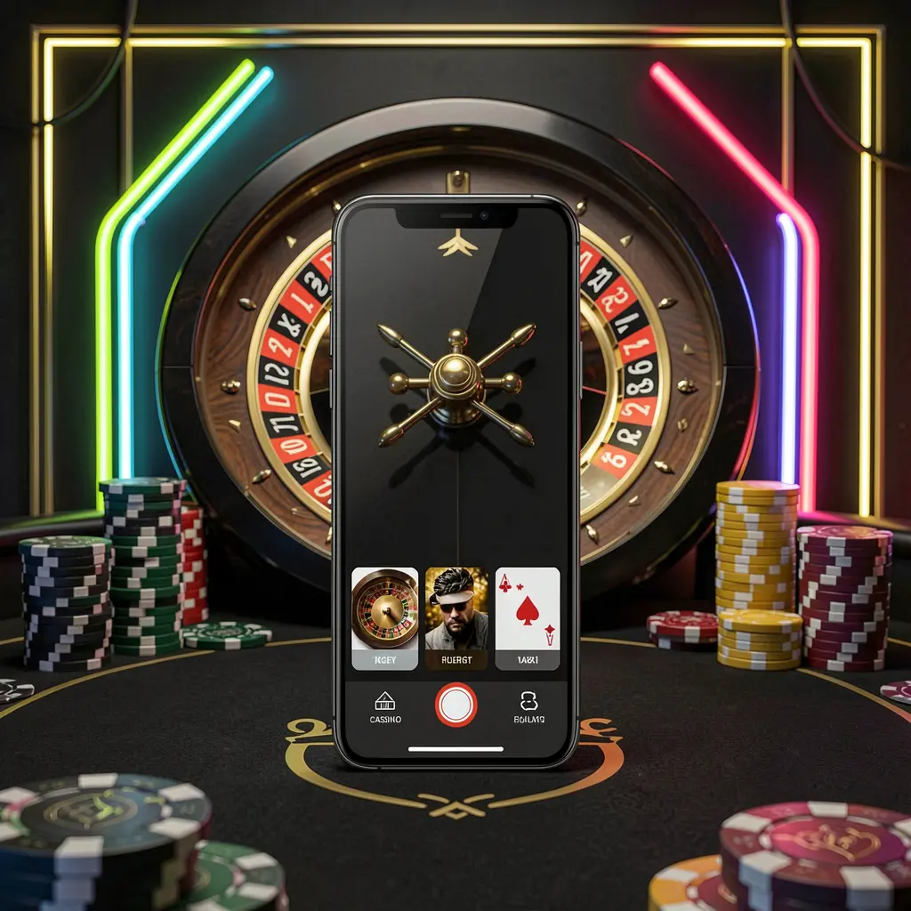 Mobile casino application scene featuring a phone in the center with a glowing neon roulette wheel and poker chips in the background, styled in premium black and gold colors with RM888 branding Mobile casino application scene featuring a phone in the center with a glowing neon roulette wheel and poker chips in the background, styled in premium black and gold colors with RM888 branding