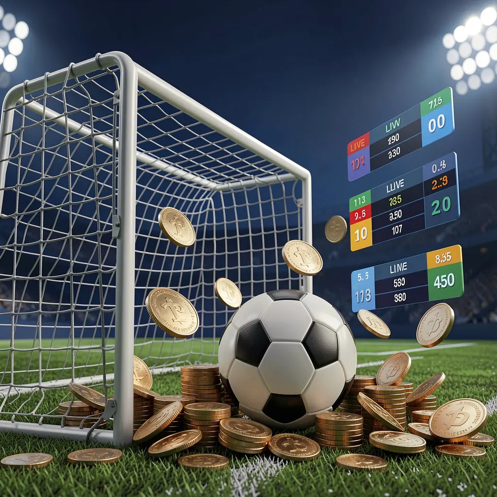 Realistic 3D render of a football goal net and soccer ball under stadium lights with floating live score panels and coins on a dark blue premium background, representing RM888 sports betting page Realistic 3D render of a football goal net and soccer ball under stadium lights with floating live score panels and coins on a dark blue premium background, representing RM888 sports betting page