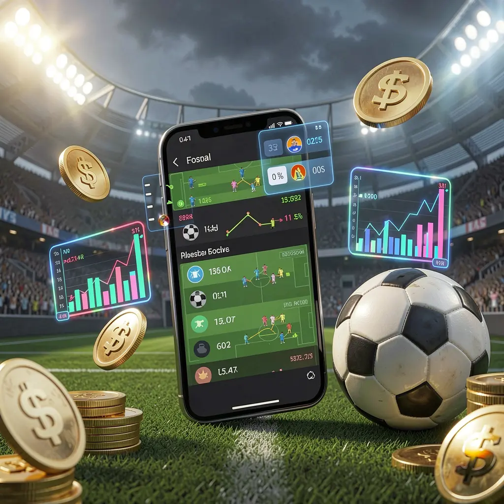 RM888 football prediction betting scene showing a smartphone with match statistics interface, a soccer ball, coins, and glowing data charts floating around in a modern stadium background RM888 football prediction betting scene showing a smartphone with match statistics interface, a soccer ball, coins, and glowing data charts floating around in a modern stadium background