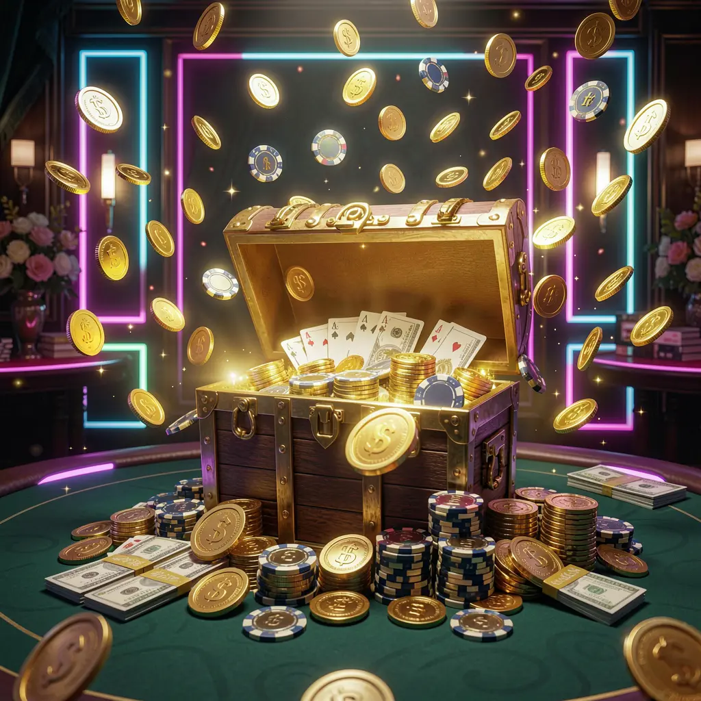 RM888 premium online casino bonus banner featuring golden coins flying around a glowing treasure chest filled with chips and cash, set against a luxury dark background with neon accents in an elegant casino style