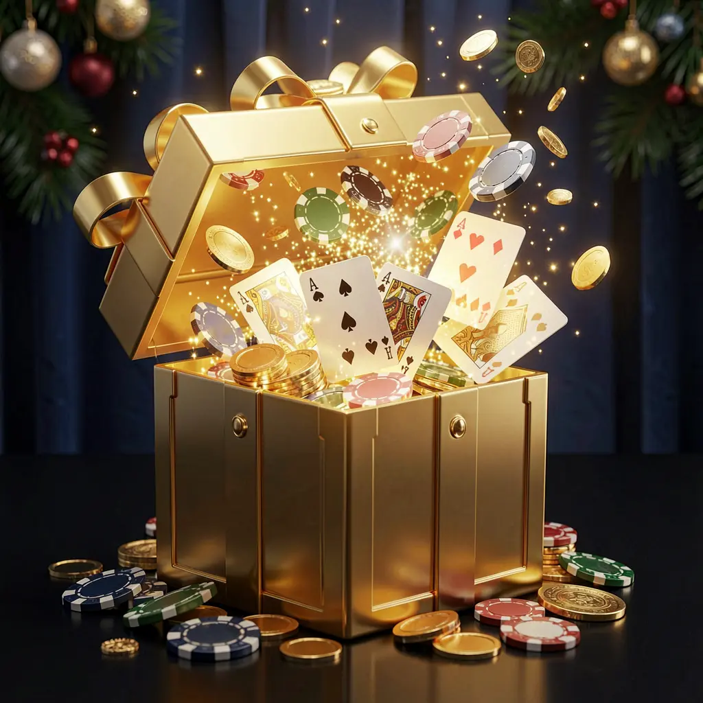 A luxurious welcome bonus scene for RM888 online casino featuring an open golden gift box with casino chips, playing cards, and sparkling coins bursting out against a premium dark blue and black background with a bright golden glow in an elegant festive mood