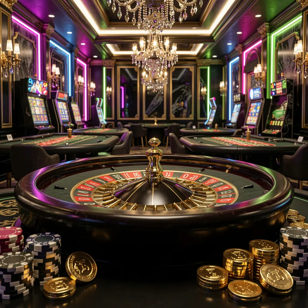 RM888 online casino hero banner featuring a luxury casino hall with a roulette table, poker chips, golden coins, and glowing neon lights in a premium black and gold atmosphere RM888 online casino hero banner featuring a luxury casino hall with a roulette table, poker chips, golden coins, and glowing neon lights in a premium black and gold atmosphere