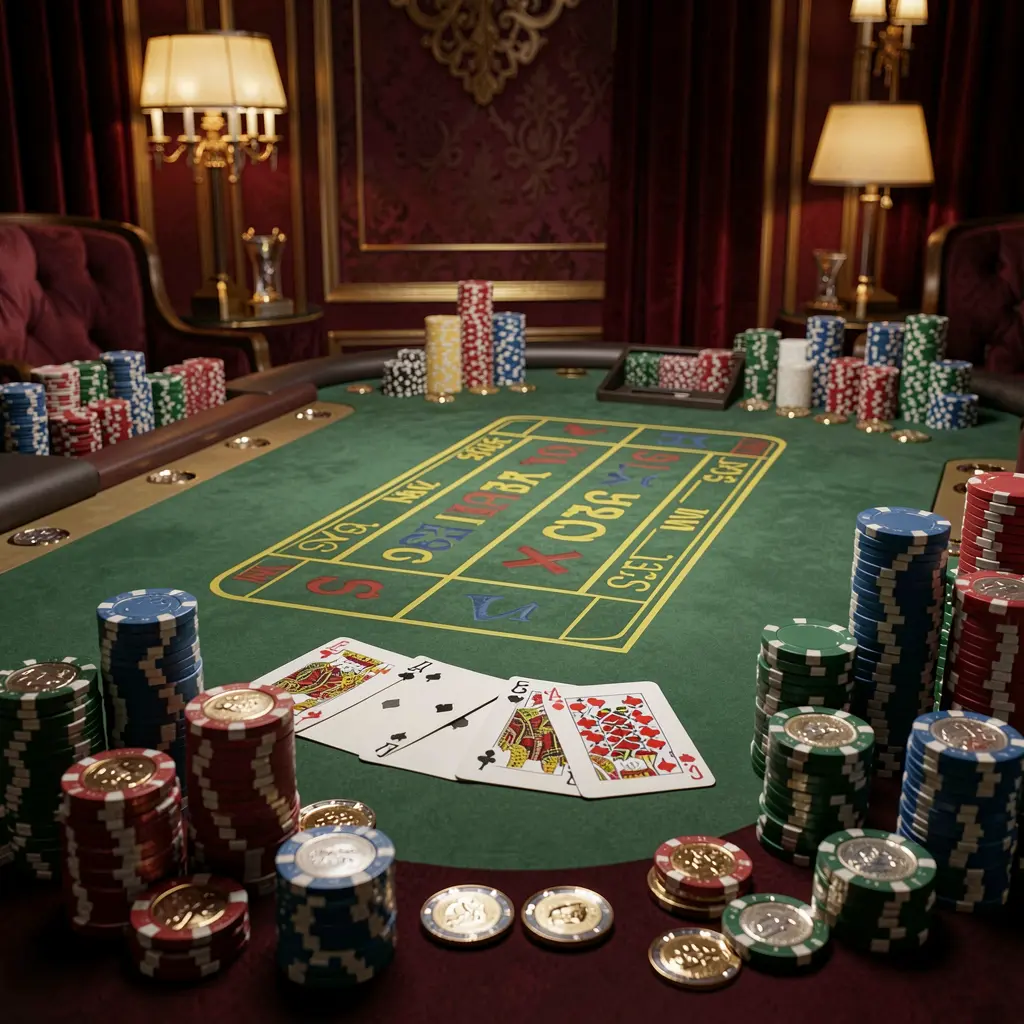 Luxury casino scene featuring a blackjack table with poker cards, stacks of chips, and sparkling coins set against a dark red and gold background, showcasing the RM888 brand in an elegant and cinematic realistic render Luxury casino scene featuring a blackjack table with poker cards, stacks of chips, and sparkling coins set against a dark red and gold background, showcasing the RM888 brand in an elegant and cinematic realistic render
