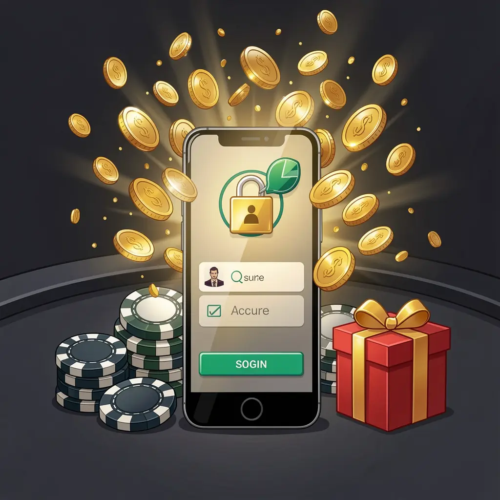 RM888 casino user login illustration showing a phone with a secure access icon, golden coins bursting from the screen, poker chips and a gift box nearby on a dark premium background RM888 casino user login illustration showing a phone with a secure access icon, golden coins bursting from the screen, poker chips and a gift box nearby on a dark premium background