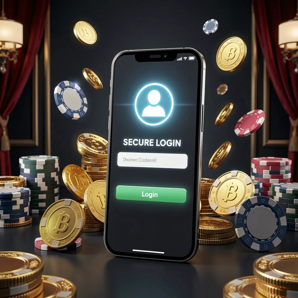 RM888 online casino login page hero banner featuring a modern smartphone with a secure login screen, glowing user profile icon, golden coins and poker chips surrounding it on a dark luxury background RM888 online casino login page hero banner featuring a modern smartphone with a secure login screen, glowing user profile icon, golden coins and poker chips surrounding it on a dark luxury background
