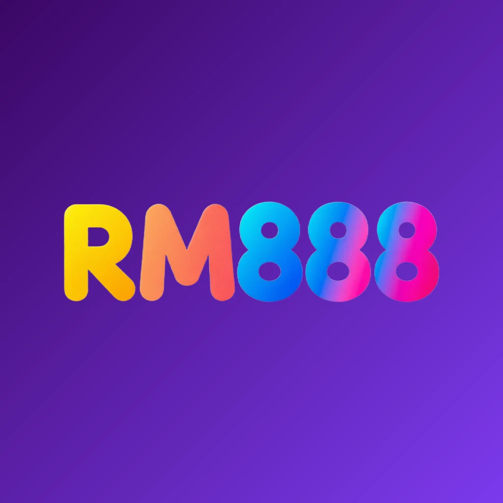 RM888 playful entertainment logo with bright colors and rounded typography in a joyful modern style, horizontal rectangular wordmark logo with transparent background for website header