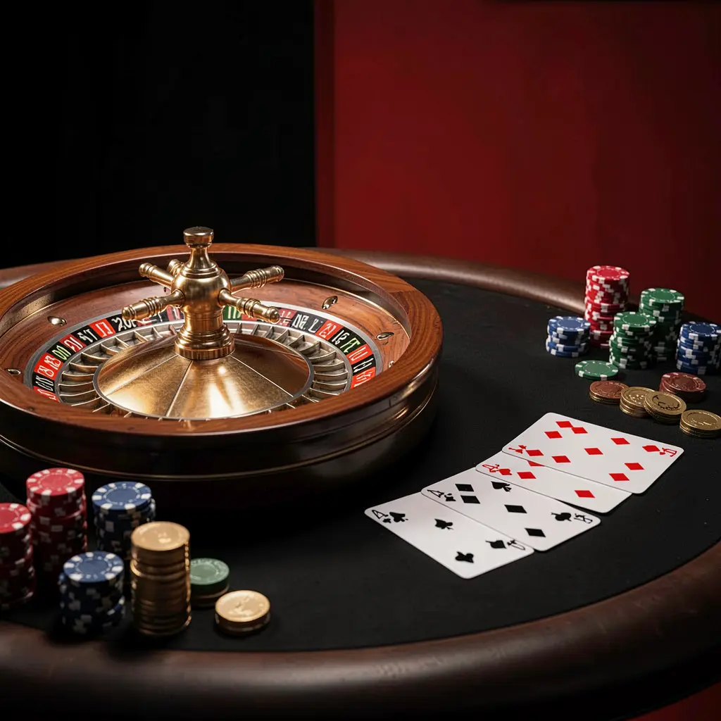 Elegant gaming table with roulette, blackjack cards, poker chips, and coins under luxury cinematic lighting on black and red background, showcasing RM888 online casino platform